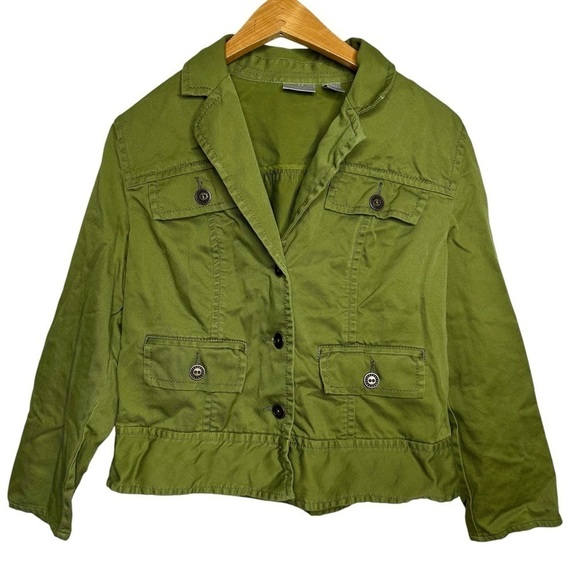 Chicos Green Button Front Denim Long Sleeve Cotton Jacket Womens Size 1 Medium - Picture 1 of 5
